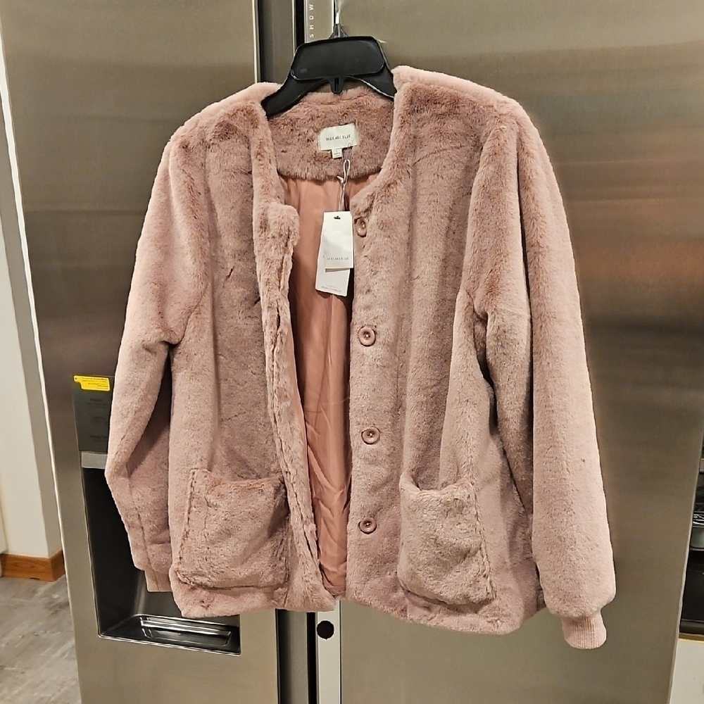 💕SKIES ARE BLUE💕 Faux Fur Jacket  ~ Mauve Pink Large L NWT